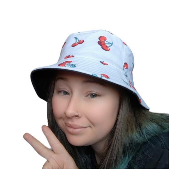 Retro Cherry Bucket Hat Reversible White Red Y2K Funky Party Summer Travel Beach - Picture 1 of 3